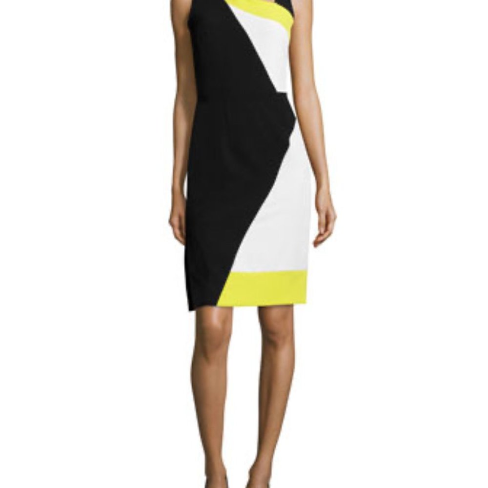 Milly Classic Colorblock Sheath Black Chartreuse White Sleeveless Dress  Sz 12